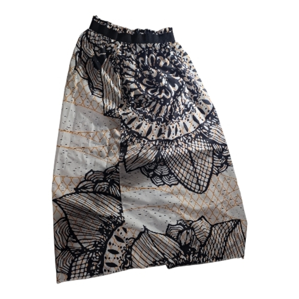 Boho Abstract Print Midi Skirt Tassel Trim Elastic Waist Size Large - Picture 2 of 5